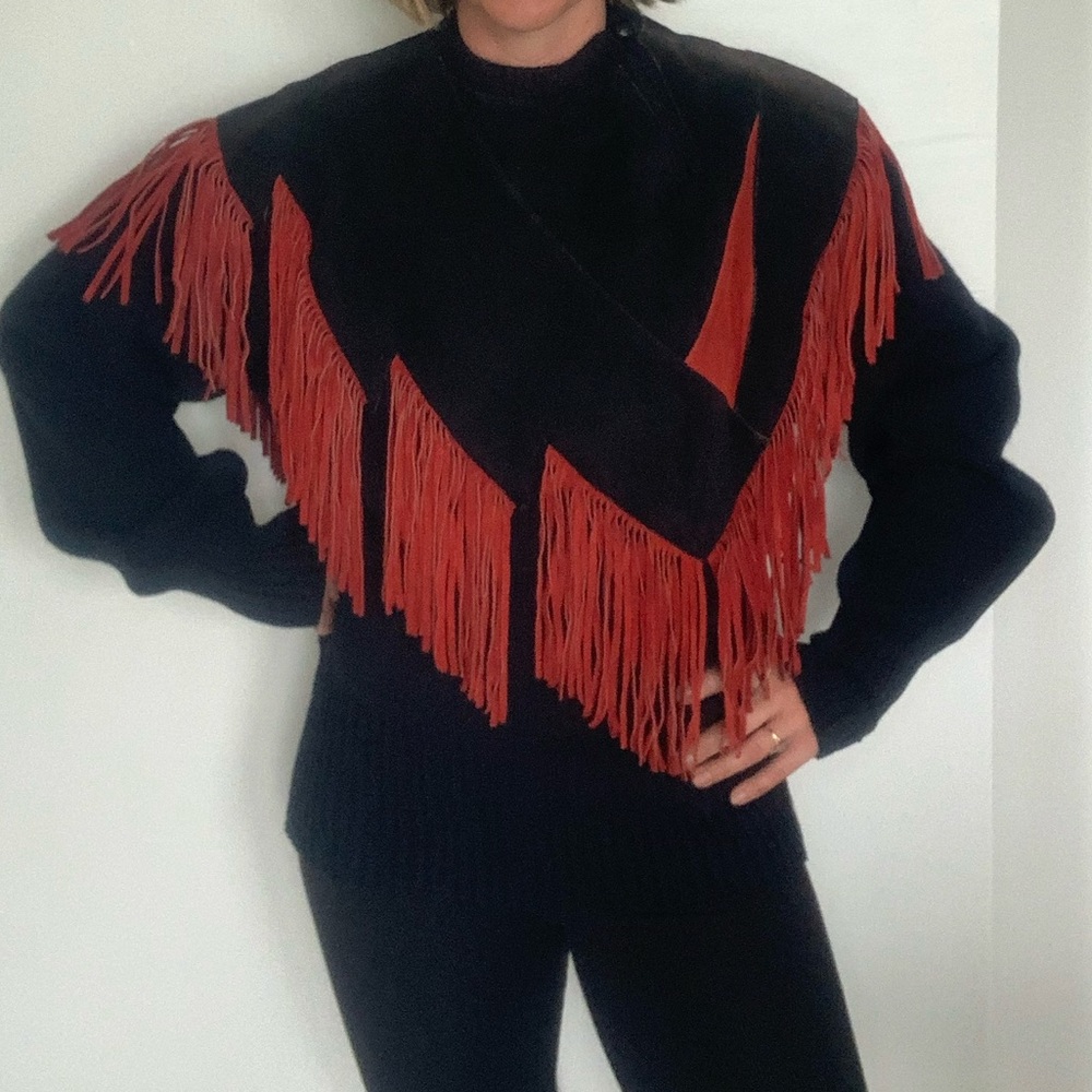 Vintage Pioneer wear suede and knit fringe sweater